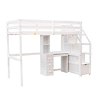 Cama alta individual con cama independiente, escalera de almacenamiento, escritorio, estantes y cajones, gris