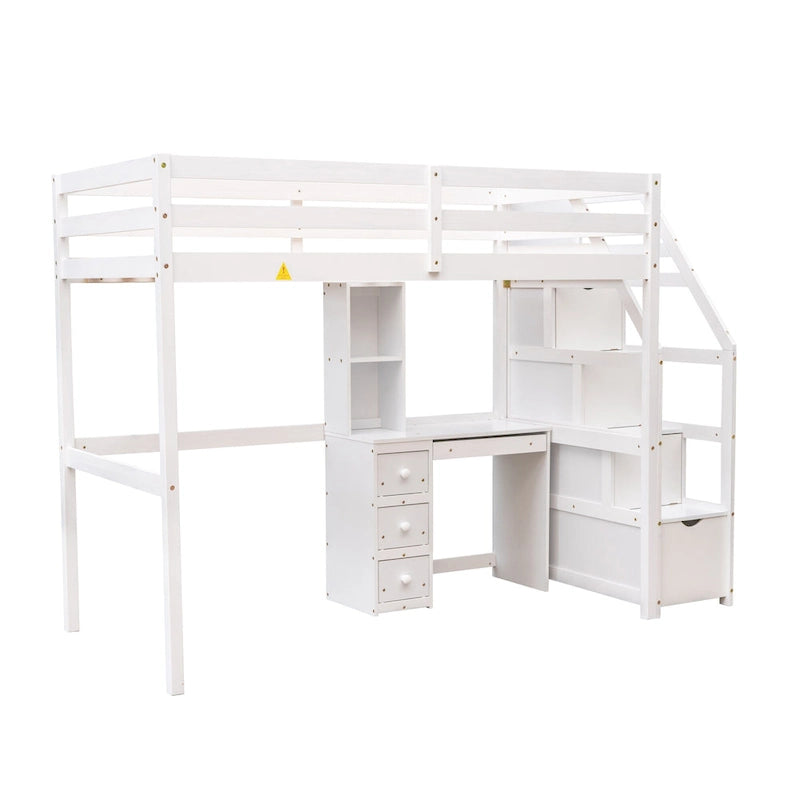 Cama alta individual con cama independiente, escalera de almacenamiento, escritorio, estantes y cajones, gris