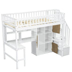 Cama alta individual con escritorio incorporado, luz LED y escalera de almacenamiento, estructura de cama alta de madera con estantes y armarios de almacenamiento