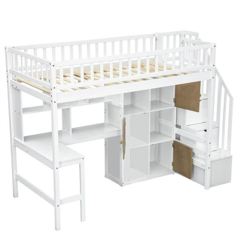 Cama alta individual con escritorio incorporado, luz LED y escalera de almacenamiento, estructura de cama alta de madera con estantes y armarios de almacenamiento