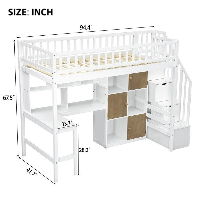 Cama alta individual con escritorio incorporado, luz LED y escalera de almacenamiento, estructura de cama alta de madera con estantes y armarios de almacenamiento