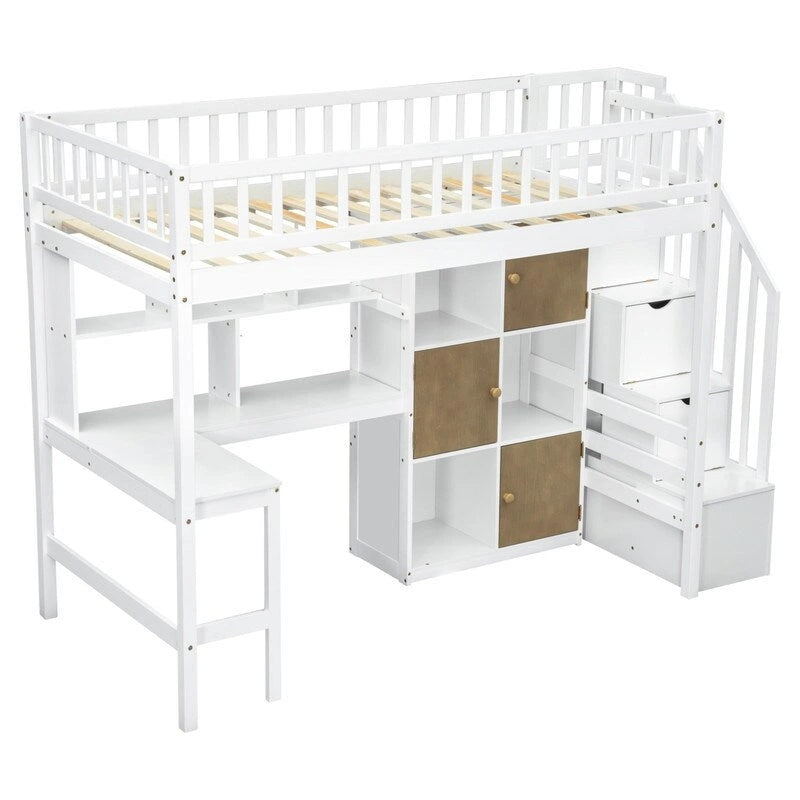 Cama alta individual con escritorio incorporado, luz LED y escalera de almacenamiento, estructura de cama alta de madera con estantes y armarios de almacenamiento