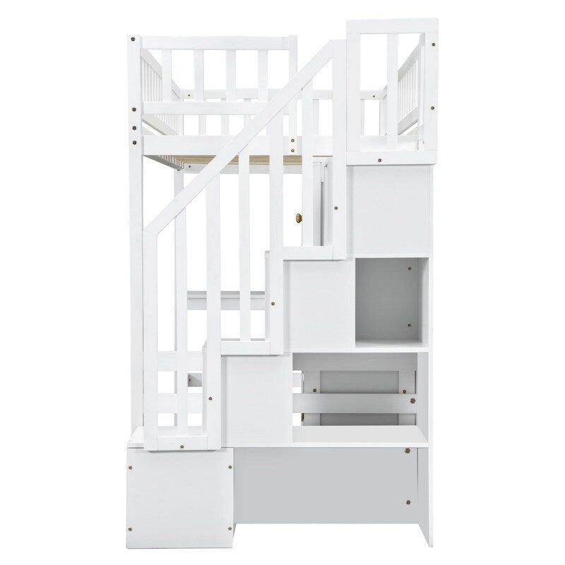 Cama alta individual con escritorio incorporado, luz LED y escalera de almacenamiento, estructura de cama alta de madera con estantes y armarios de almacenamiento
