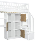 Cama alta individual con escritorio incorporado, luz LED y escalera de almacenamiento, estructura de cama alta de madera con estantes y armarios de almacenamiento