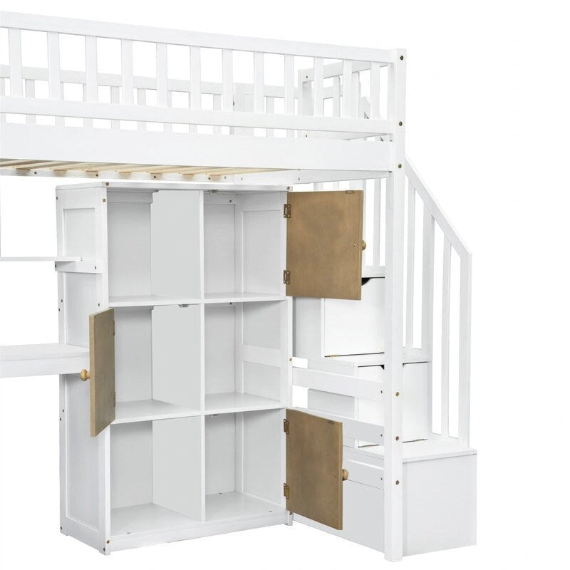 Cama alta individual con escritorio incorporado, luz LED y escalera de almacenamiento, estructura de cama alta de madera con estantes y armarios de almacenamiento