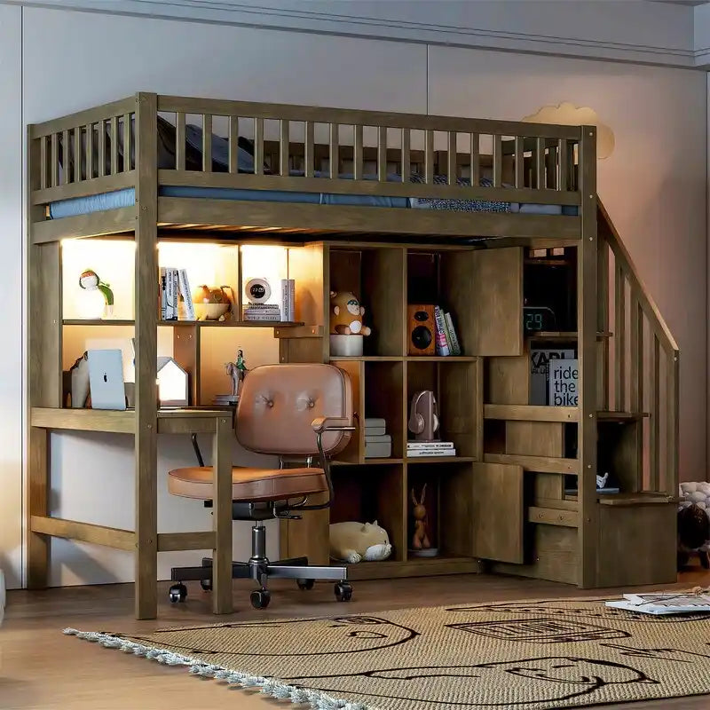 Cama alta individual con escritorio incorporado, luz LED y escalera de almacenamiento, estructura de cama alta de madera con estantes y armarios de almacenamiento
