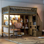 Cama alta individual con escritorio incorporado, luz LED y escalera de almacenamiento, estructura de cama alta de madera con estantes y armarios de almacenamiento
