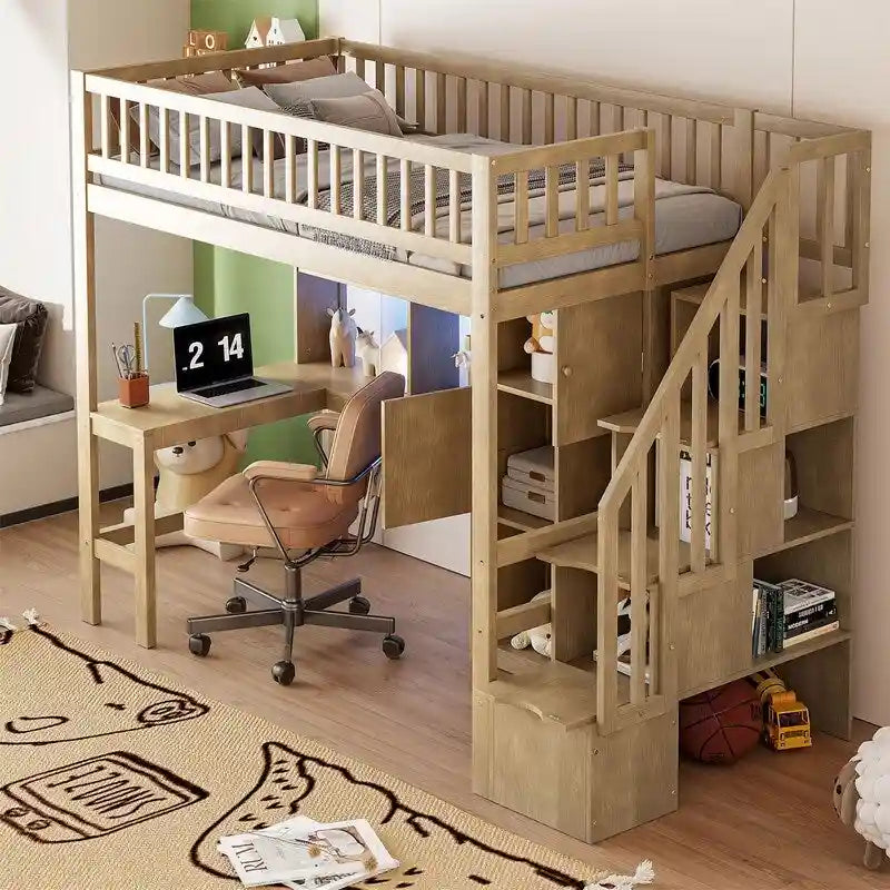 Cama alta individual con escritorio incorporado, luz LED y escalera de almacenamiento, estructura de cama alta de madera con estantes y armarios de almacenamiento