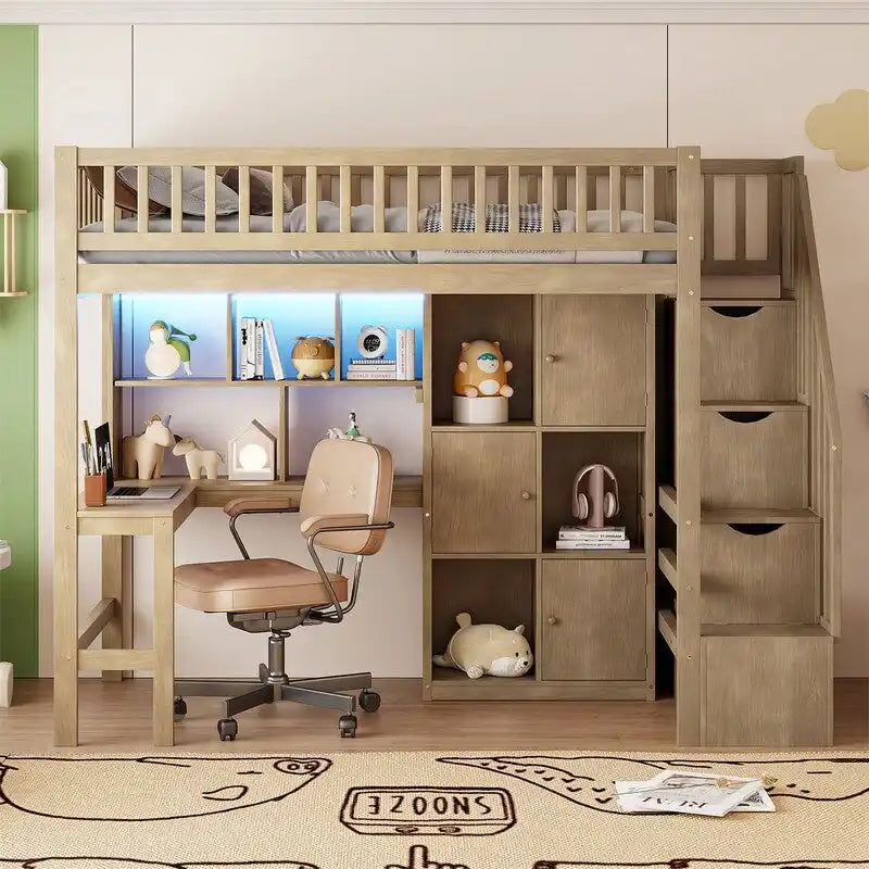 Cama alta individual con escritorio incorporado, luz LED y escalera de almacenamiento, estructura de cama alta de madera con estantes y armarios de almacenamiento