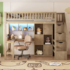 Cama alta individual con escritorio incorporado, luz LED y escalera de almacenamiento, estructura de cama alta de madera con estantes y armarios de almacenamiento