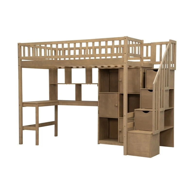 Cama alta individual con escritorio incorporado, luz LED y escalera de almacenamiento, estructura de cama alta de madera con estantes y armarios de almacenamiento