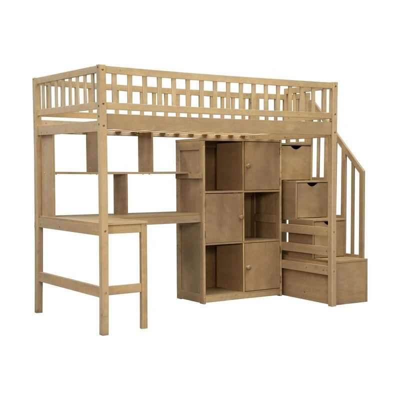 Cama alta individual con escritorio incorporado, luz LED y escalera de almacenamiento, estructura de cama alta de madera con estantes y armarios de almacenamiento