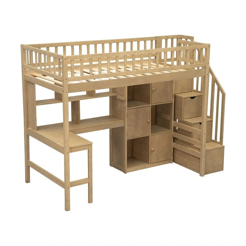 Cama alta individual con escritorio incorporado, luz LED y escalera de almacenamiento, estructura de cama alta de madera con estantes y armarios de almacenamiento
