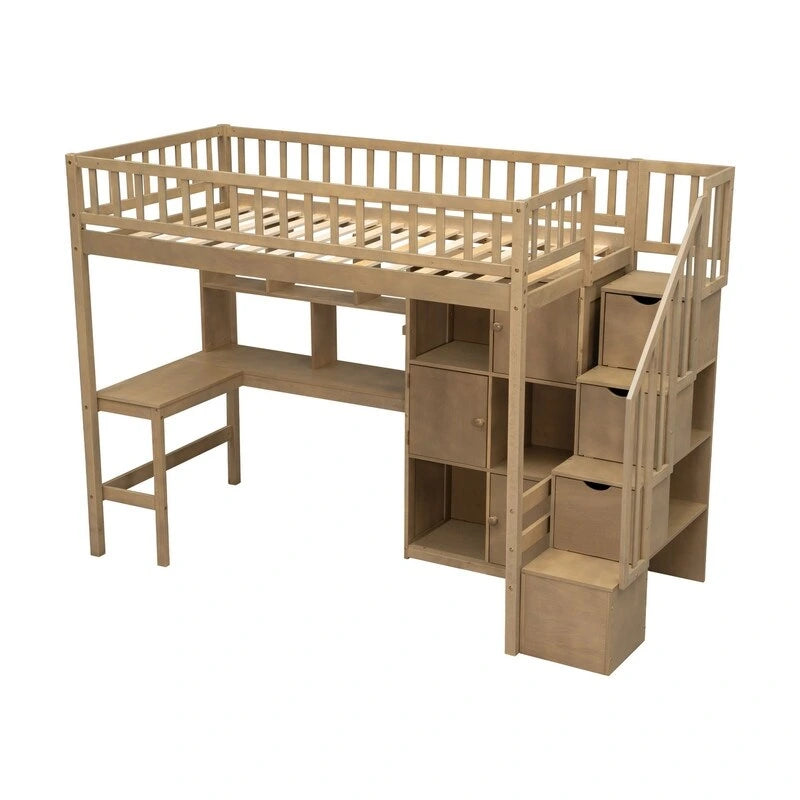 Cama alta individual con escritorio incorporado, luz LED y escalera de almacenamiento, estructura de cama alta de madera con estantes y armarios de almacenamiento