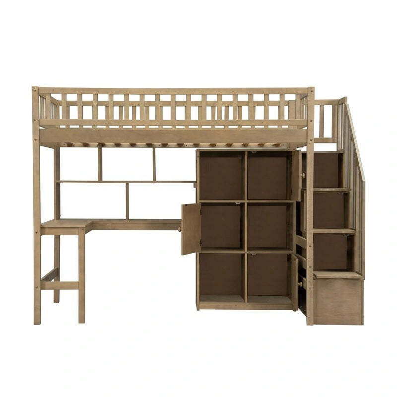 Cama alta individual con escritorio incorporado, luz LED y escalera de almacenamiento, estructura de cama alta de madera con estantes y armarios de almacenamiento