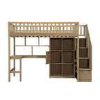 Cama alta individual con escritorio incorporado, luz LED y escalera de almacenamiento, estructura de cama alta de madera con estantes y armarios de almacenamiento