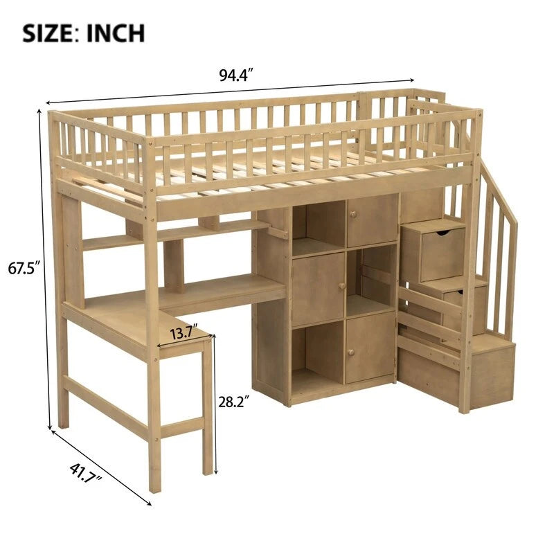 Cama alta individual con escritorio incorporado, luz LED y escalera de almacenamiento, estructura de cama alta de madera con estantes y armarios de almacenamiento