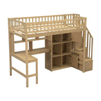 Cama alta individual con escritorio incorporado, luz LED y escalera de almacenamiento, estructura de cama alta de madera con estantes y armarios de almacenamiento