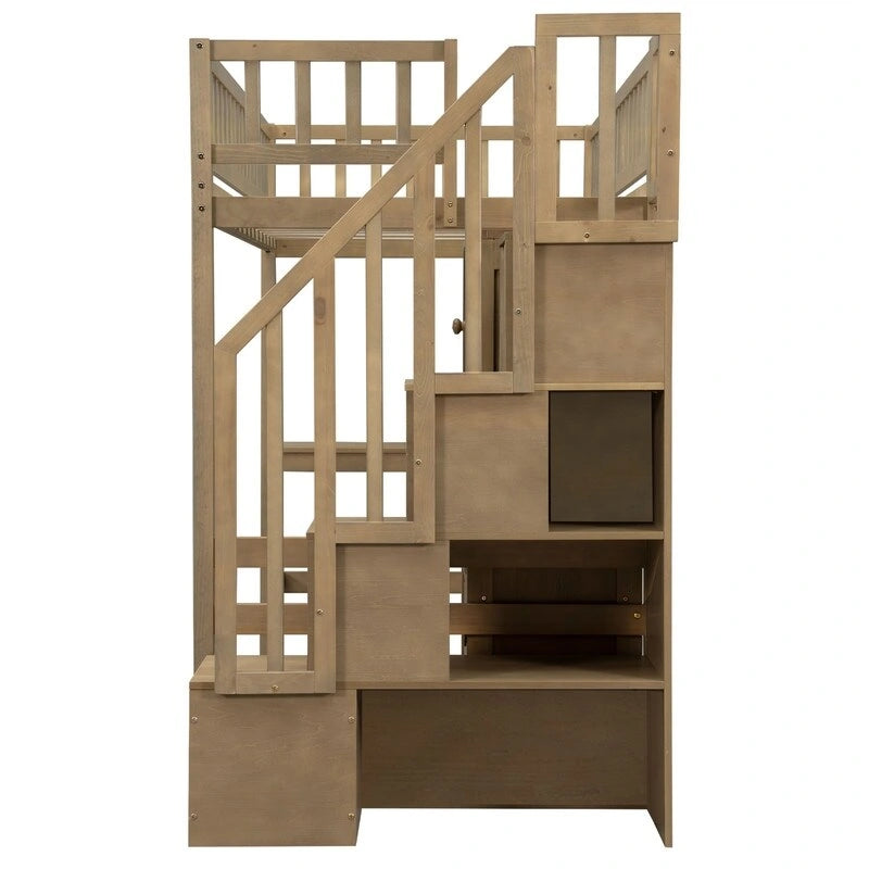 Cama alta individual con escritorio incorporado, luz LED y escalera de almacenamiento, estructura de cama alta de madera con estantes y armarios de almacenamiento