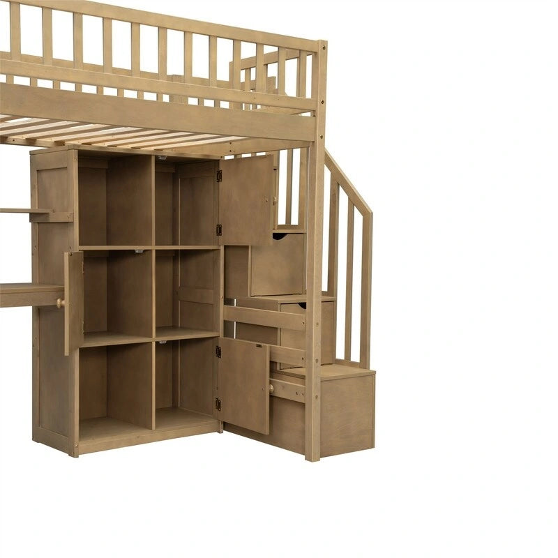 Cama alta individual con escritorio incorporado, luz LED y escalera de almacenamiento, estructura de cama alta de madera con estantes y armarios de almacenamiento