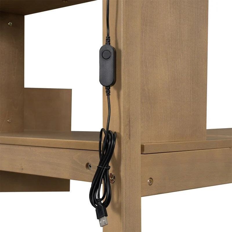 Cama alta individual con escritorio incorporado, luz LED y escalera de almacenamiento, estructura de cama alta de madera con estantes y armarios de almacenamiento