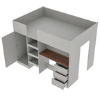 Cama alta de madera de tamaño matrimonial con armario, escritorio, estantes de almacenamiento y cajones incorporados, beige