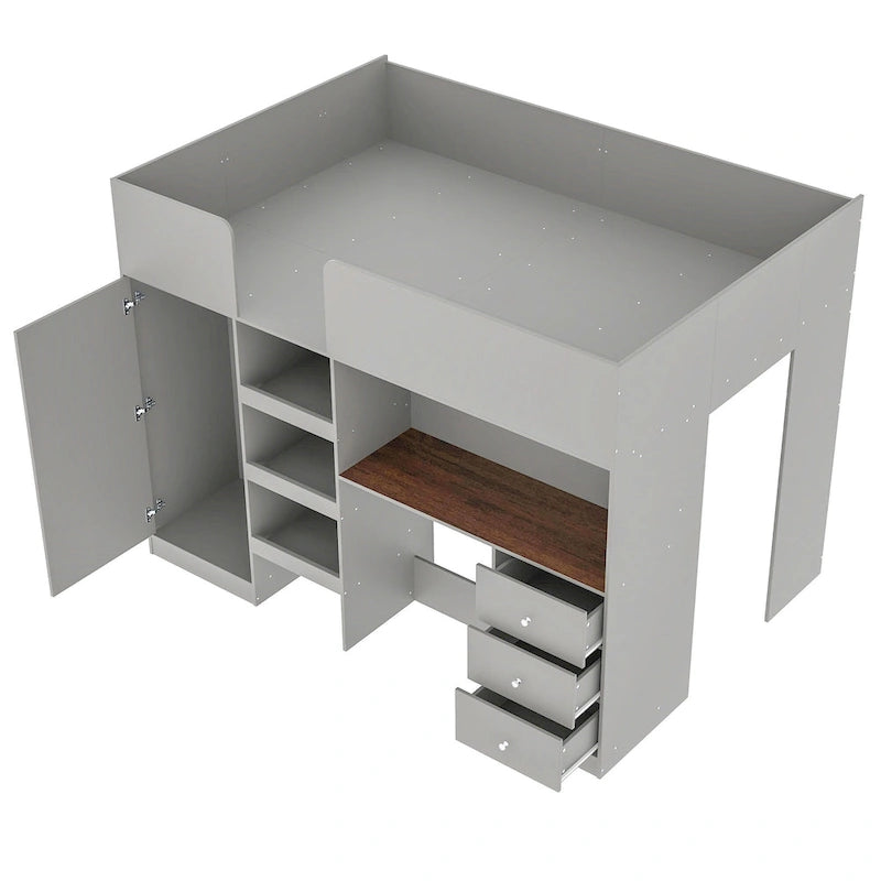 Cama alta de madera de tamaño matrimonial con armario, escritorio, estantes de almacenamiento y cajones incorporados, beige