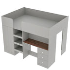 Cama alta de madera de tamaño matrimonial con armario, escritorio, estantes de almacenamiento y cajones incorporados, beige