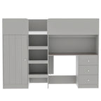 Cama alta de madera de tamaño matrimonial con armario, escritorio, estantes de almacenamiento y cajones incorporados, beige