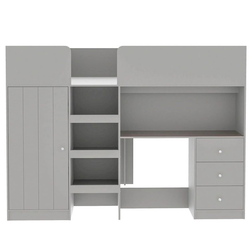 Cama alta de madera de tamaño matrimonial con armario, escritorio, estantes de almacenamiento y cajones incorporados, beige