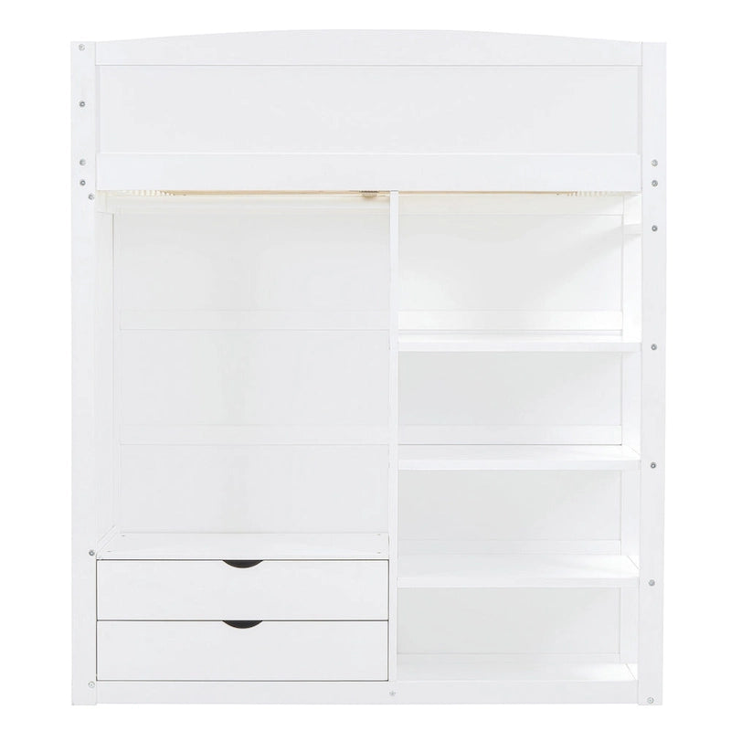 Cama alta con escritorio, armarios, 4 cajones y 4 estantes