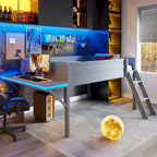 Cama alta de madera de tamaño completo con escritorio y LED, estructura de cama alta de madera con escalera inclinada, no necesita somier para niños