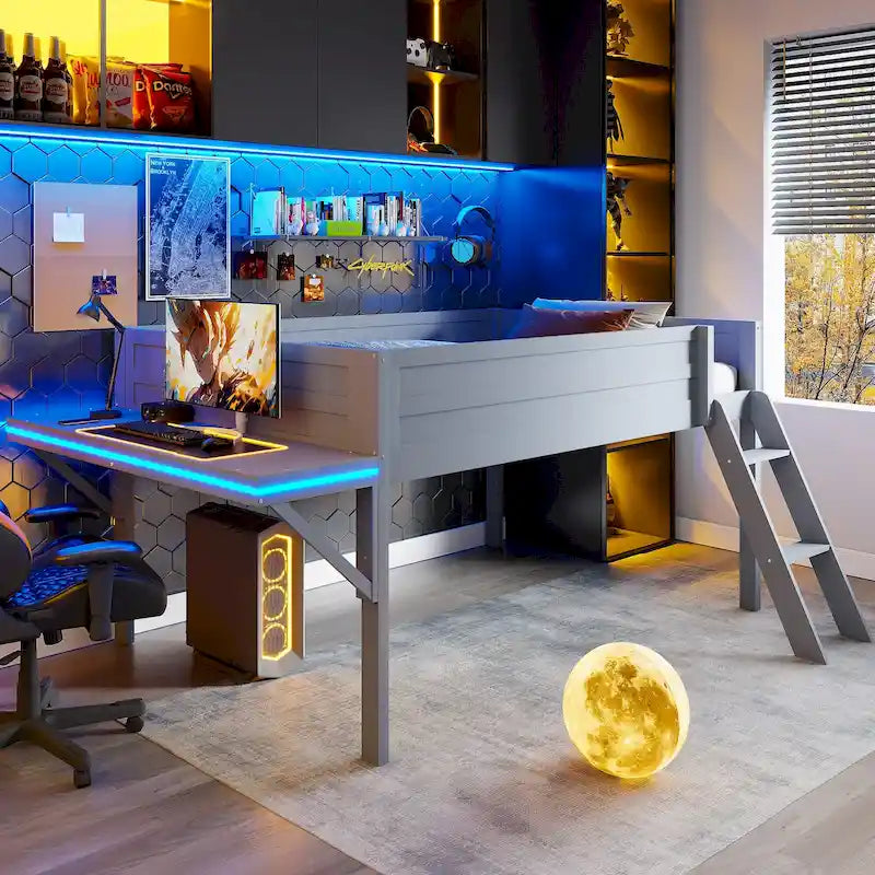 Cama alta de madera de tamaño completo con escritorio y LED, estructura de cama alta de madera con escalera inclinada, no necesita somier para niños