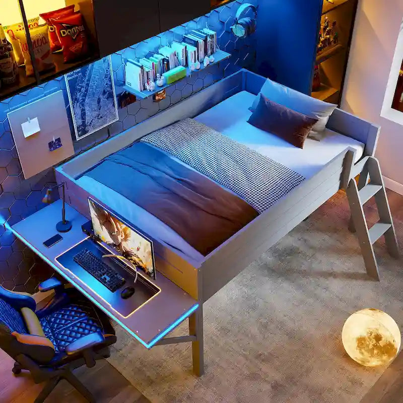Wood Full Size Loft Bed with Desk and LED, Wooden Loft Bed Frame with Angled Ladder, No Box Spring Needed for Kids