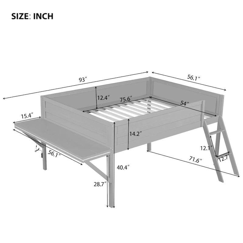 Cama alta de madera de tamaño completo con escritorio y LED, estructura de cama alta de madera con escalera inclinada, no necesita somier para niños