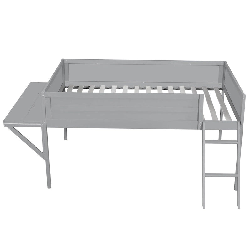 Cama alta de madera de tamaño completo con escritorio y LED, estructura de cama alta de madera con escalera inclinada, no necesita somier para niños