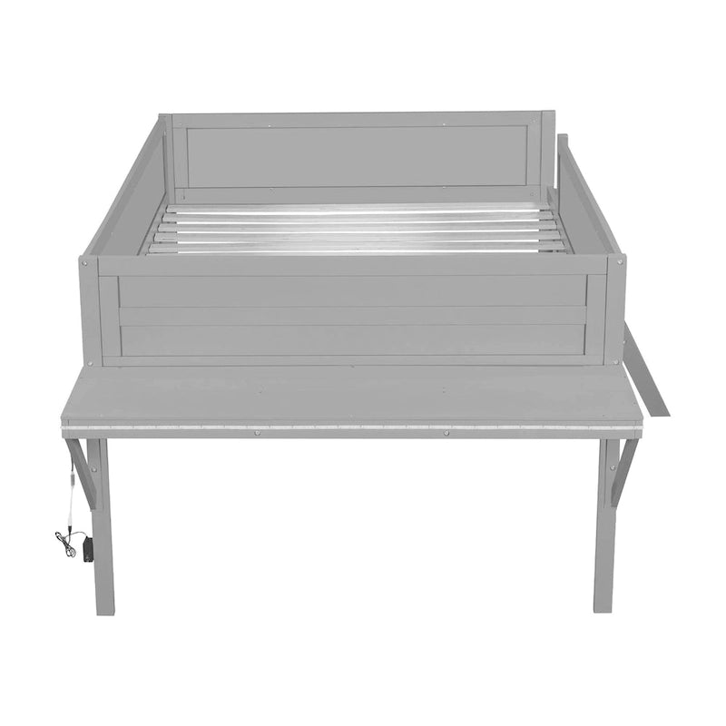 Cama alta de madera de tamaño completo con escritorio y LED, estructura de cama alta de madera con escalera inclinada, no necesita somier para niños