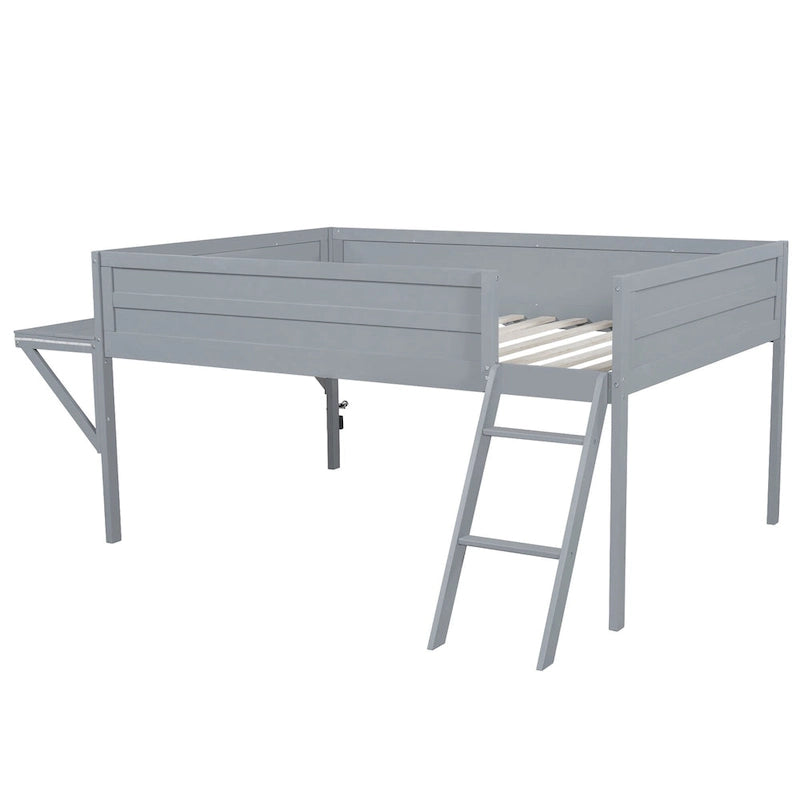Cama alta de madera de tamaño completo con escritorio y LED, estructura de cama alta de madera con escalera inclinada, no necesita somier para niños