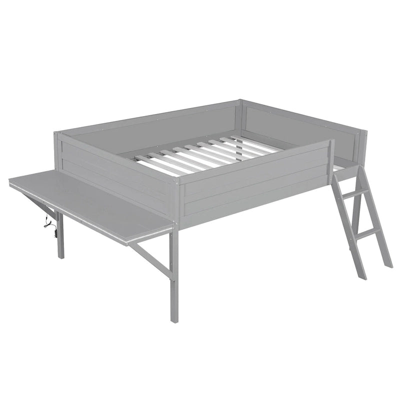 Cama alta de madera de tamaño completo con escritorio y LED, estructura de cama alta de madera con escalera inclinada, no necesita somier para niños