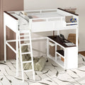 Cama alta Queen con escritorio, estante abierto y caja de almacenamiento, estación de carga USB, blanca