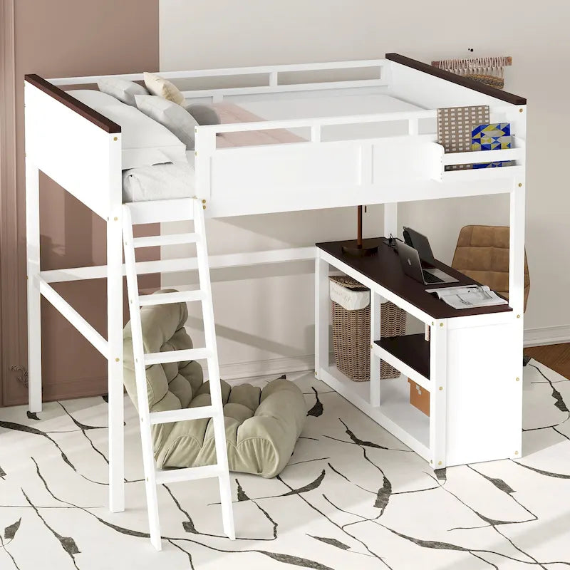 Cama alta Queen con escritorio, estante abierto y caja de almacenamiento, estación de carga USB, blanca