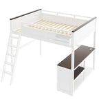 Cama alta Queen con escritorio, estante abierto y caja de almacenamiento, estación de carga USB, blanca