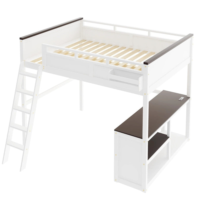 Cama alta Queen con escritorio, estante abierto y caja de almacenamiento, estación de carga USB, blanca