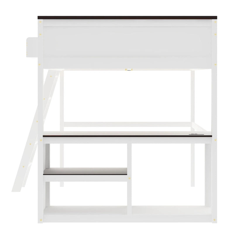 Cama alta Queen con escritorio, estante abierto y caja de almacenamiento, estación de carga USB, blanca