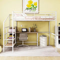 Estructura de cama alta de metal para niños, debajo de la cama con escritorio y estantes de almacenamiento, escalera de almacenamiento lateral y barandillas de listones