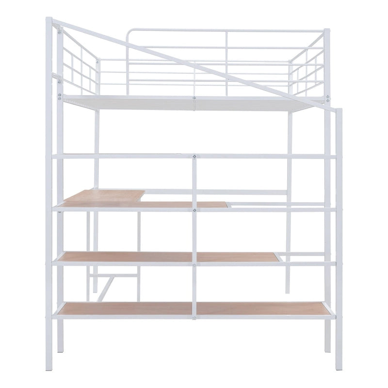 Estructura de cama alta de metal para niños, debajo de la cama con escritorio y estantes de almacenamiento, escalera de almacenamiento lateral y barandillas de listones