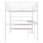 Estructura de cama alta de metal para niños, debajo de la cama con escritorio y estantes de almacenamiento, escalera de almacenamiento lateral y barandillas de listones