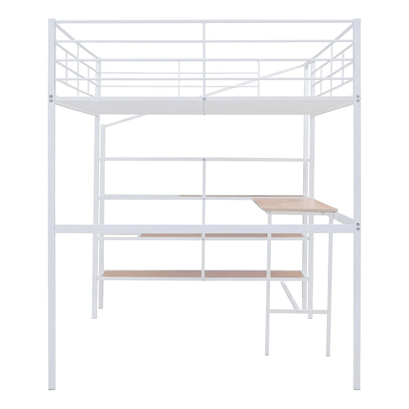 Estructura de cama alta de metal para niños, debajo de la cama con escritorio y estantes de almacenamiento, escalera de almacenamiento lateral y barandillas de listones