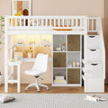Cama alta individual de madera maciza con escritorio integrado, cama alta LED con estantes de almacenamiento, armarios y escalera, barandilla de longitud completa