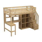 Cama alta individual de madera maciza con escritorio integrado, cama alta LED con estantes de almacenamiento, armarios y escalera, barandilla de longitud completa